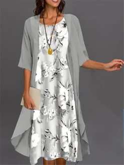 Women's Two Piece Dress Set Casual Dress Print Black Dress Outdoor Daily Fashion Elegant Print Midi Dress Crew Neck 3/4 Length Sleeve