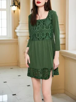 Women's Party Dress Lace Dress Cocktail Dress Mini Dress Green Long Sleeve Pure Color Lace Summer Spring Fall Square Neck Fashion Wedding Guest Vacation Summer Dress 2023 S M L XL -Party Prom Dresses Sales Store zhejnv1690428571444