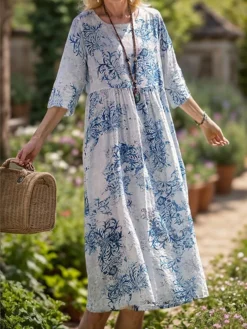 Women's Casual Dress Cotton Linen Dress Swing Dress Midi Dress Linen / Cotton Blend Sweet Style Modern Outdoor Daily Holiday Crew Neck Print 3/4 Length Sleeve Fall Winter Autumn 2023 Loose Fit Light