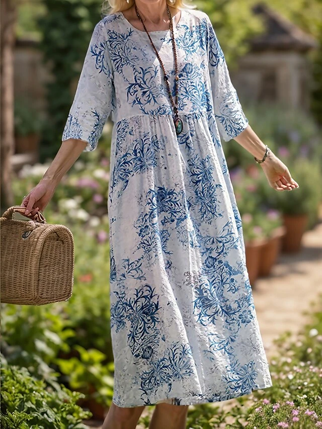 Women's Casual Dress Cotton Linen Dress Swing Dress Midi Dress Linen / Cotton Blend Sweet Style Modern Outdoor Daily Holiday Crew Neck Print 3/4 Length Sleeve Fall Winter Autumn 2023 Loose Fit Light 1 Women's Casual Dress Cotton Linen Dress Swing Dress Midi Dress Linen / Cotton Blend Sweet Style Modern Outdoor Daily Holiday Crew Neck Print 3/4 Length Sleeve Fall Winter Autumn 2023 Loose Fit Light