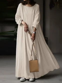Women's Cotton Linen Dress Casual Dress Maxi Long Dress Linen Boho Casual Winter Dress Daily Holiday Crew Neck Patchwork Long Sleeve Summer Spring Fall Linen Loose Fit Black White Khaki Pure Color S -Party Prom Dresses Sales Store zinnxx1676450222382