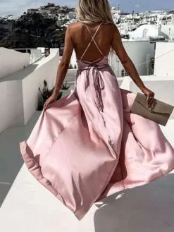 Women's Prom Dress Party Dress Satin Dress Pink Dress Long Dress Maxi Dress Fuchsia Khaki Sleeveless Pure Color Backless Summer Spring Fall Spaghetti Strap Fashion Birthday Evening Wedding Guest 2023 -Party Prom Dresses Sales Store zippcn1663237139263