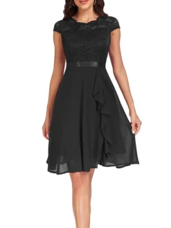 Women's Party Dress Lace Dress Cocktail Dress Midi Dress Black Pink Wine Short Sleeve Pure Color Lace Spring Fall Winter Crew Neck Fashion Winter Dress Wedding Guest Vacation 2023 S M L XL XXL -Party Prom Dresses Sales Store zjbmiu1692179776513