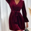 Women's Party Dress Velvet Dress Homecoming Dress Mini Dress Wine Long Sleeve Pure Color Ruched Spring Fall Winter V Neck Fashion Winter Dress Wedding Guest Evening Party Loose Fit 2023 S M L XL