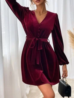 Women's Party Dress Velvet Dress Homecoming Dress Mini Dress Wine Long Sleeve Pure Color Ruched Spring Fall Winter V Neck Fashion Winter Dress Wedding Guest Evening Party Loose Fit 2023 S M L XL