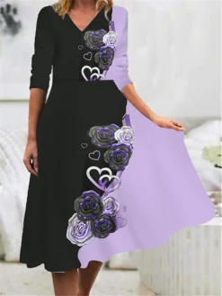 Women's Work Dress Casual Dress Swing Dress Fashion Winter Dress Daily Midi Dress Print V Neck Long Sleeve Floral Heart Regular Fit Blue Purple Green Fall Winter S M L XL XXL -Party Prom Dresses Sales Store zjoruw1694490801633