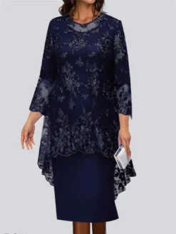 Women's Work Dress Lace Dress Semi Formal Dress Fashion Midi Dress Lace Patchwork Crew Neck 3/4 Length Sleeve Plain Loose Fit Champagne Wine Navy Blue Spring Fall S M L XL XXL -Party Prom Dresses Sales Store zjvdls1691042278328