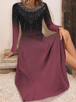 Women's Work Dress Casual Dress Swing Dress Fashion Winter Dress Daily Midi Dress Print Crew Neck Long Sleeve Floral Ombre Regular Fit Blue Purple Fuchsia Fall Winter S M L XL XXL -Party Prom Dresses Sales Store zkbqyg1695264763105