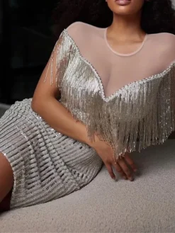 Women's Party Dress Fringe Dress Homecoming Dress Mini Dress Silver Short Sleeve Pure Color Tassel Fringe Spring Fall Winter Crew Neck Fashion Wedding Guest Birthday Vacation Slim 2023 S M L XL -Party Prom Dresses Sales Store zklelg1693983148336
