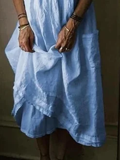 Women's Cotton Linen Dress Casual Dress Maxi Long Dress Cotton Basic Casual Outdoor Daily Vacation Crew Neck Pocket Half Sleeve Summer Spring 2023 Loose Fit Black Yellow Blue Plain S M L XL 2XL -Party Prom Dresses Sales Store zkotvv1673598816153