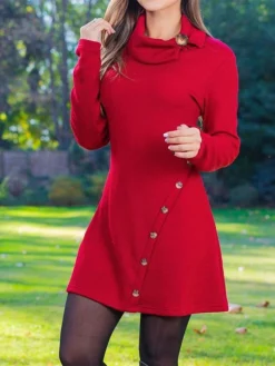 Women's Work Dress Casual Dress A Line Dress Fashion Winter Dress Daily Mini Dress Button Lapel Long Sleeve Plain Slim Black Red Fall S M L XL XXL