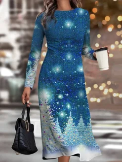 Women's Christmas Work Dress Casual Dress Semi Formal Dress Fashion Winter Dress Daily Midi Dress Print Crew Neck Long Sleeve Elk Snowflake Slim Black Wine Blue Fall Winter S M L XL XXL