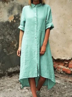 Women's Shirt Dress Casual Dress Cotton Dress Midi Dress Cotton Classic Casual Outdoor Daily Vacation Shirt Collar Ruched Button Long Sleeve Fall Winter Autumn 2023 Regular Fit Pink Red Navy Blue -Party Prom Dresses Sales Store zlklff1693823268130