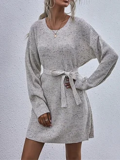 Women's Sweater Dress Jumper Dress Casual Dress Mini Dress Warm Pure Color Outdoor Casual Daily Going Out Crew Neck Long Sleeve Lace Up 2023 Loose Fit Wine Dark Gray Beige S M L -Party Prom Dresses Sales Store zluhnj1695106689550