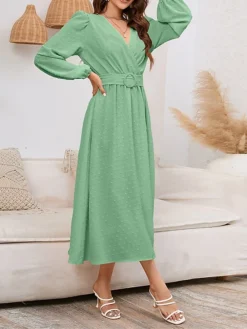 Women's Party Dress Cocktail Dress Wedding Guest Dress Midi Dress Black White Purple Long Sleeve Pure Color Lace Up Fall Winter Autumn V Neck Fashion Winter Dress Wedding Guest Vacation 2023 S M L XL -Party Prom Dresses Sales Store zmzriz1694759914580