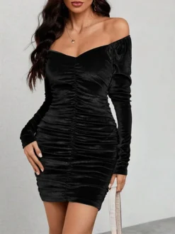 Women's Party Dress Velvet Dress Homecoming Dress Mini Dress Black Long Sleeve Pure Color Ruched Spring Fall Winter Off Shoulder Fashion Winter Dress Wedding Guest Birthday Slim 2023 S M L XL