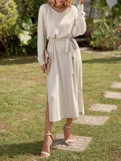 Women's Sweater Dress Winter Dress Jumper Dress Midi Dress Lace Up Split Outdoor Work Street Fashion Modern V Neck Long Sleeve 2023 Loose Fit Apricot Color S M L Size -Party Prom Dresses Sales Store znemwv1695034923685