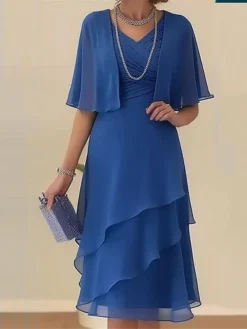 Women's Two Piece Dress Set Casual Dress Chiffon Dress Outdoor Office Elegant Modern Layered Midi Dress V Neck Half Sleeve Plain Regular Fit Blue Summer Spring M L XL XXL 3XL