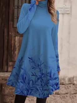 Women's Work Dress Casual Dress Fashion Winter Dress Daily Mini Dress Print Turtleneck Long Sleeve Floral Regular Fit Pink Navy Blue Blue Fall Winter S M L XL XXL -Party Prom Dresses Sales Store zniqmb1694156912977