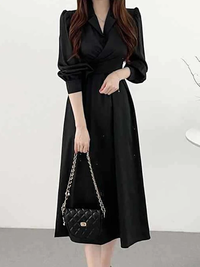 Women's Work Dress Semi Formal Dress A Line Dress Fashion Office Daily Workfashion Midi Dress Ruched Button Shirt Collar Long Sleeve Plain Loose Fit Black Army Green Gray Fall Winter S M L XL 6 Women's Work Dress Semi Formal Dress A Line Dress Fashion Office Daily Workfashion Midi Dress Ruched Button Shirt Collar Long Sleeve Plain Loose Fit Black Army Green Gray Fall Winter S M L XL - Image 6