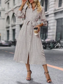 Women's Work Dress Casual Dress Swing Dress Fashion Office Daily Workfashion Midi Dress Lace Up Button Shirt Collar Long Sleeve Print Loose Fit Apricot Fall Winter S M L XL -Party Prom Dresses Sales Store zohzfl1695096213310