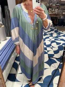 Women's Casual Dress A Line Dress Summer Dress Long Dress Maxi Dress Polyester Fashion Streetwear Outdoor Daily Date V Neck Pocket Split Long Sleeve Summer Spring Fall 2023 Regular Fit Blue Geometric -Party Prom Dresses Sales Store zomjbm1682665938660