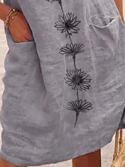 Women's Casual Dress Cotton Linen Dress Shift Dress Midi Dress Cotton Blend Classic Modern Outdoor Daily Vacation Crew Neck Pocket Print Short Sleeve Summer Spring 2023 Regular Fit Blue Green Gray -Party Prom Dresses Sales Store zonvqt1679378498571