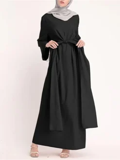 Women's Work Dress Black Dress Semi Formal Dress Fashion Long Dress Maxi Dress Lace Up Ruched Crew Neck Long Sleeve Plain Loose Fit Black Pink Apricot Fall Winter S M L XL XXL -Party Prom Dresses Sales Store zoohim1693280904589
