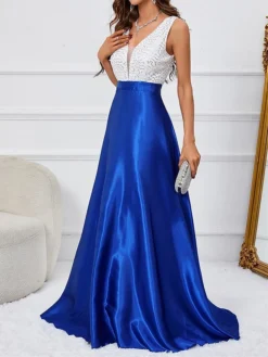 Women's Prom Dress Party Dress Sequin Dress Long Dress Maxi Dress Blue Sleeveless Color Block Sequins Spring Fall Winter V Neck Fashion Wedding Guest Birthday Evening Party 2023 S M L XL -Party Prom Dresses Sales Store zooyph1696076960483