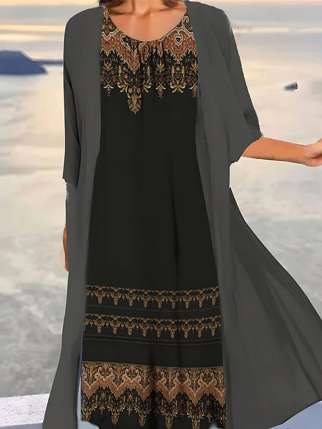 Women's Two Piece Dress Set Casual Dress Print Dress Outdoor Daily Vintage Ethnic Print Midi Dress Crew Neck 3/4 Length Sleeve Floral Tribal Loose Fit Black Navy Blue Royal Blue Summer Spring S M L 1 Women's Two Piece Dress Set Casual Dress Print Dress Outdoor Daily Vintage Ethnic Print Midi Dress Crew Neck 3/4 Length Sleeve Floral Tribal Loose Fit Black Navy Blue Royal Blue Summer Spring S M L