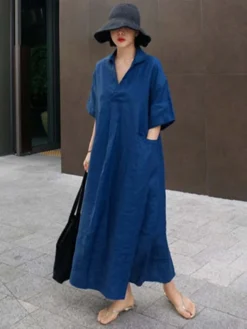 Women's Casual Dress Cotton Dress Swing Dress Cotton Blend Fashion Daily Date Vacation Weekend V Neck Baggy Short Sleeve White Navy Blue Khaki S M L XL 2XL -Party Prom Dresses Sales Store zpgwzm1690547508548