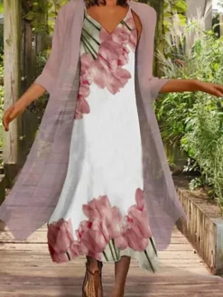 Women's Two Piece Dress Set Shift Dress Slip Dress Daily Going Out Fashion Streetwear Print Midi Dress Strap 3/4 Length Sleeve Floral Loose Fit Pink Light Purple Summer Spring S M L XL XXL