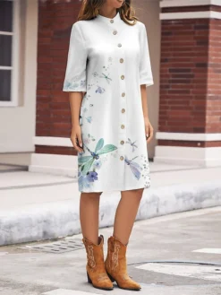 Women's Shirt Dress Casual Dress Cotton Linen Dress Midi Dress Polyester Fashion Casual Daily Outdoor Daily Vacation Shirt Collar Button Print Long Sleeve Spring Fall Winter 2023 Loose Fit White