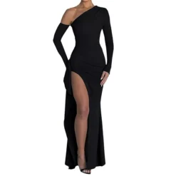 Women's Prom Dress Party Dress Wedding Guest Dress Long Dress Maxi Dress Black Long Sleeve Pure Color Split Fall Winter Autumn One Shoulder Fashion Winter Dress Wedding Guest Birthday 2023 S M L XL -Party Prom Dresses Sales Store zpzqth1695639465360