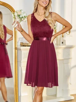 Women's Party Dress Lace Dress Cocktail Dress Midi Dress Pink Wine Navy Blue Sleeveless Pure Color Lace Spring Fall Winter V Neck Fashion Winter Dress Wedding Guest Vacation 2023 S M L XL XXL -Party Prom Dresses Sales Store zqjggm1692180320910