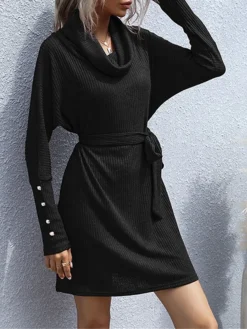 Women‘s Christmas Sweater Dress Jumper Dress Winter Dress Fashion Party Outdoor Christmas Street Crew Neck Long Sleeve Lace Up Ruched 2023 Loose Fit Black Wine S M L XL -Party Prom Dresses Sales Store zqkrup1695120159008