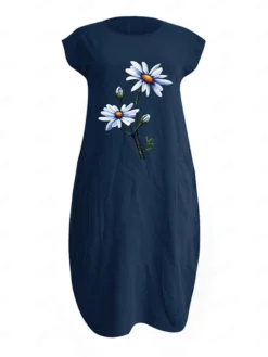 Women's Cotton Linen Dress Midi Dress Linen Cotton Blend Casual Outdoor Daily Vacation Crew Neck Pocket Rolled Cuff Short Sleeve Summer Spring 2023 Loose Fit Black White Navy Blue Floral S M L XL XXL -Party Prom Dresses Sales Store zqllrm1654165016091