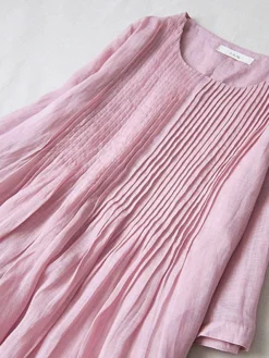 Women's Casual Dress Cotton Linen Dress Swing Dress Midi Dress Cotton Blend Basic Casual Outdoor Daily Crew Neck Ruched Pocket Short Sleeve Summer Spring 2023 Loose Fit White Pink Purple Plain M L XL -Party Prom Dresses Sales Store zratsl1676278280194