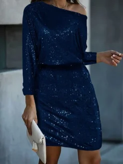 Women‘s Christmas Party Dress Sequin Dress Cocktail Dress Midi Dress Silver Navy Blue Emerald Green Long Sleeve Pure Color Sparkly Glitter Sequins Spring Fall Winter Cold Shoulder Wedding Guest