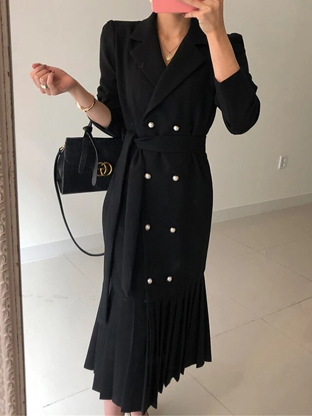 Women's Work Dress Blazer Dress Semi Formal Dress Fashion Office Daily Workfashion Midi Dress Lace Up Pleated Shirt Collar Long Sleeve Plain Loose Fit Black Apricot Fall Winter S M L XL XXL 7 Women's Work Dress Blazer Dress Semi Formal Dress Fashion Office Daily Workfashion Midi Dress Lace Up Pleated Shirt Collar Long Sleeve Plain Loose Fit Black Apricot Fall Winter S M L XL XXL - Image 7