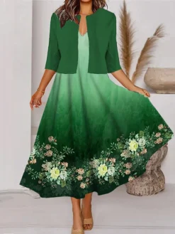 Women's Two Piece Dress Set Casual Dress Tank Dress Outdoor Daily Fashion Streetwear Pocket Print Midi Dress V Neck 3/4 Length Sleeve Floral Ombre Regular Fit Blue Brown Green Spring Fall S M L XL XXL -Party Prom Dresses Sales Store zsihcs1690860562953
