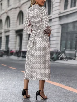 Women's Work Dress Casual Dress Swing Dress Fashion Office Daily Workfashion Midi Dress Lace Up Button Shirt Collar Long Sleeve Print Loose Fit Apricot Fall Winter S M L XL -Party Prom Dresses Sales Store zsvvkv1695096212571