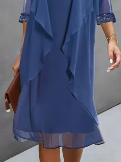 Women's Two Piece Dress Set Casual Dress Chiffon Dress Outdoor Daily Fashion Elegant Patchwork Sequin Midi Dress Crew Neck 3/4 Length Sleeve Plain Regular Fit Navy Blue Fall Winter S M L XL XXL -Party Prom Dresses Sales Store ztknym1694596523730