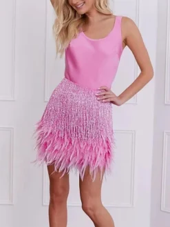 Women‘s Party Dress Homecoming Dress Wedding Guest Fringe Dress Feather Dress Mini Dress White Pink Beige Sleeveless Pure Color Tassel Fringe Summer Spring Crew Neck Fashion Party 2023 S M L XL 2XL