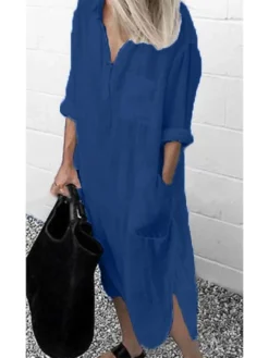 Women‘s Casual Dress Cotton Dress Shirt Dress Swing Dress Midi Dress Blue Yellow Red Long Sleeve Pure Color Pocket Summer Fall Spring Shirt Collar Basic Daily Weekend Loose Fit 2023 S M L XL XXL 3XL -Party Prom Dresses Sales Store ztunhu1659002281570