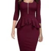 Women's Work Dress Party Dress Sheath Dress Elegant Midi Dress Ruffle Zipper Square Neck 3/4 Length Sleeve Plain Regular Fit Black Wine Navy Blue Summer Spring S M L XL XXL