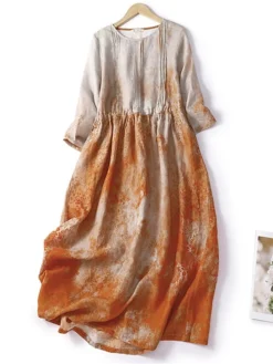 Women's Casual Dress Linen Dress Midi Dress Linen Fashion Romantic Outdoor Daily Holiday Crew Neck Pocket Print 3/4 Length Sleeve Fall Winter Autumn 2023 Loose Fit Blue Orange Painting Flower M L XL -Party Prom Dresses Sales Store zuxhgu1694418651918