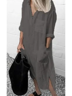 Women‘s Casual Dress Cotton Dress Shirt Dress Swing Dress Midi Dress Blue Yellow Red Long Sleeve Pure Color Pocket Summer Fall Spring Shirt Collar Basic Daily Weekend Loose Fit 2023 S M L XL XXL 3XL -Party Prom Dresses Sales Store zuyvgo1659002284879