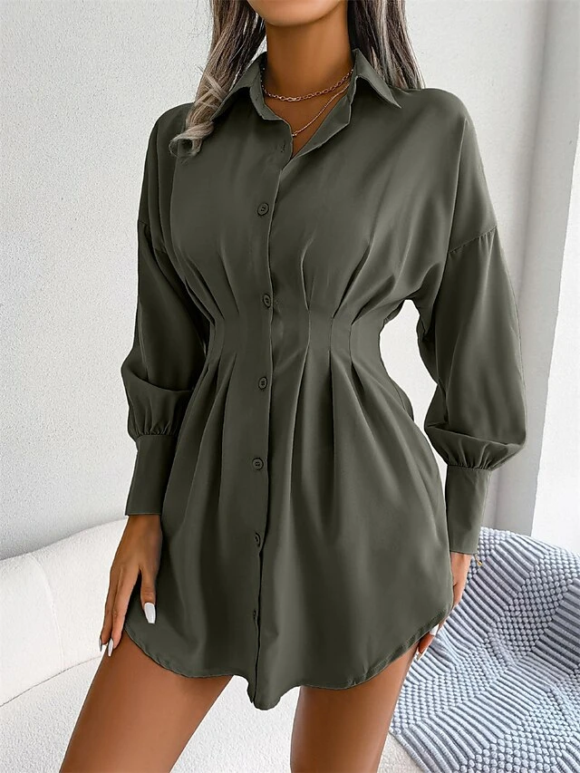 Women's Work Dress White Dress Semi Formal Dress Fashion Office Daily Workfashion Mini Dress Ruched Button Shirt Collar Long Sleeve Plain Loose Fit White Blue Army Green Fall Winter S M L XL 15 Women's Work Dress White Dress Semi Formal Dress Fashion Office Daily Workfashion Mini Dress Ruched Button Shirt Collar Long Sleeve Plain Loose Fit White Blue Army Green Fall Winter S M L XL - Image 15
