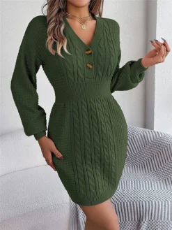 Women's Sweater Dress Winter Dress Jumper Dress Mini Dress Active Pure Color Outdoor Casual Holiday Vacation V Neck Long Sleeve Button 2023 Regular Fit White Pink Green S M L -Party Prom Dresses Sales Store zvoijz1696926540649